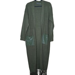 ILLord Womens Olive Green Longline Ribbed Cardigan Faux Leather Pockets 2X Boho